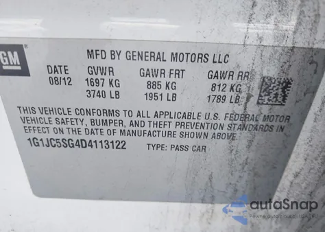 2013 Chevrolet Sonic Lt Auto z USA, uszkodzony, nr VIN 1G1JC5SG4D4113122